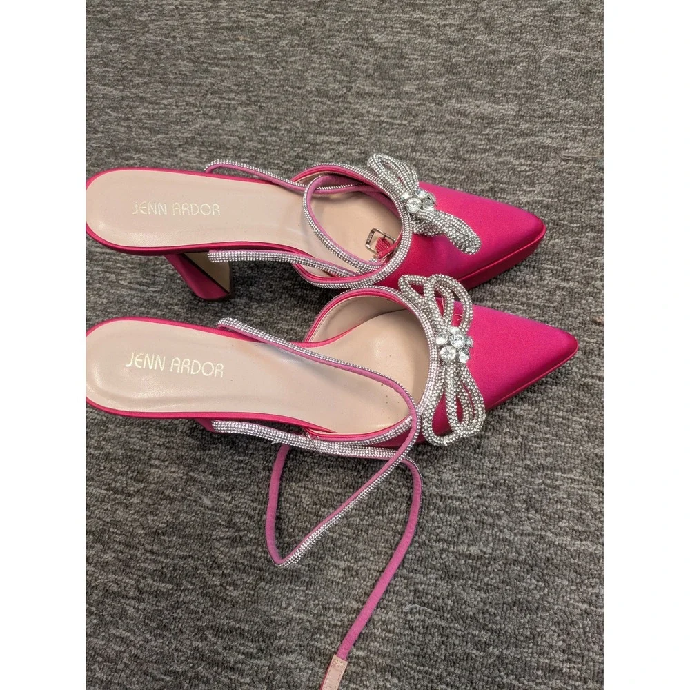 Jenn Ardor Platform Heels‎ Women's 10M Hot Pink Rhinestone Bow Satin Flared Heel
